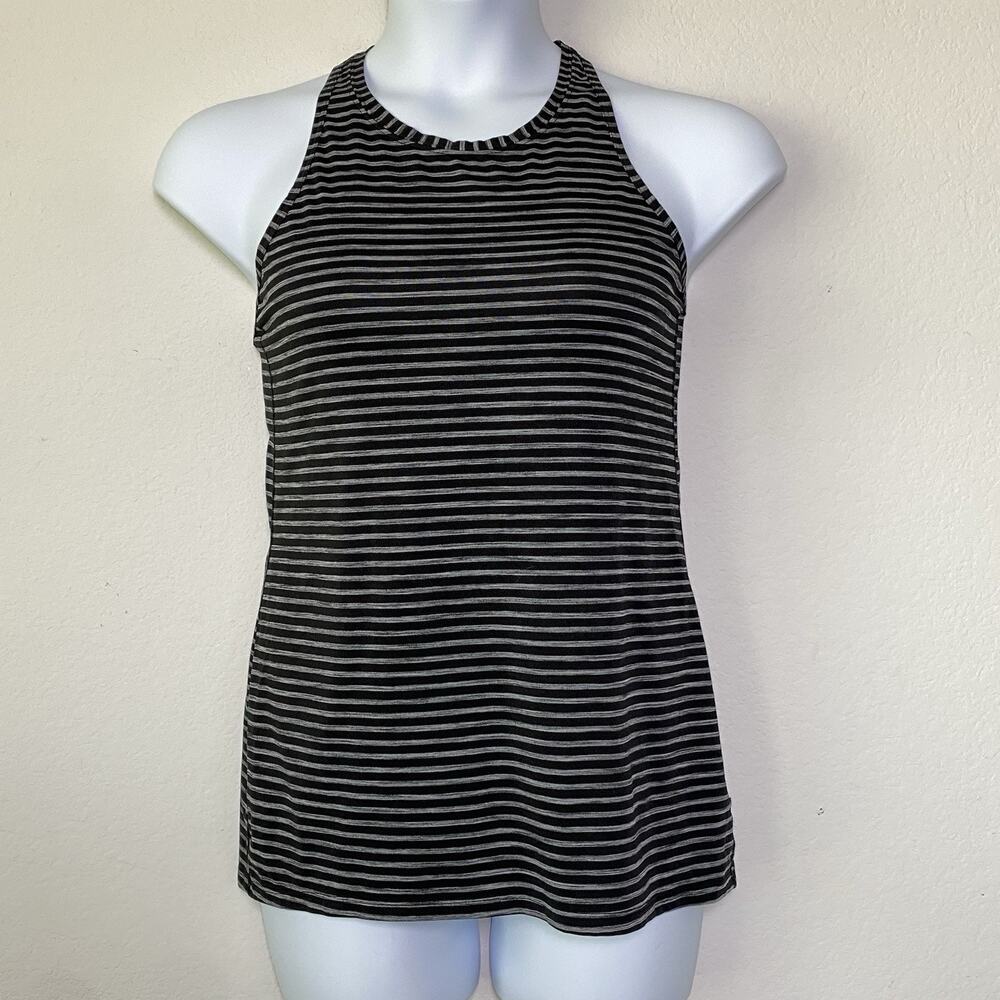 Womens Athleta Black Gray Striped Chi‎ Tank Small Racerback High Neck Athleisure